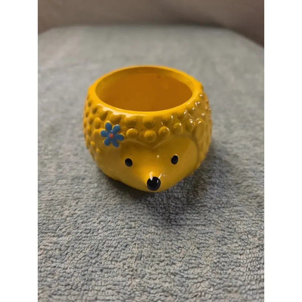 Vintage Rocket Farms Yellow Hedgehog Ceramic Mini Planter Succulent Pot Blue...